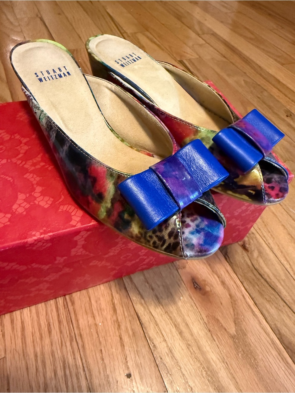 Stuart Weitzman Multicolor Wedge Peep-Toe with Blue Bow Accent